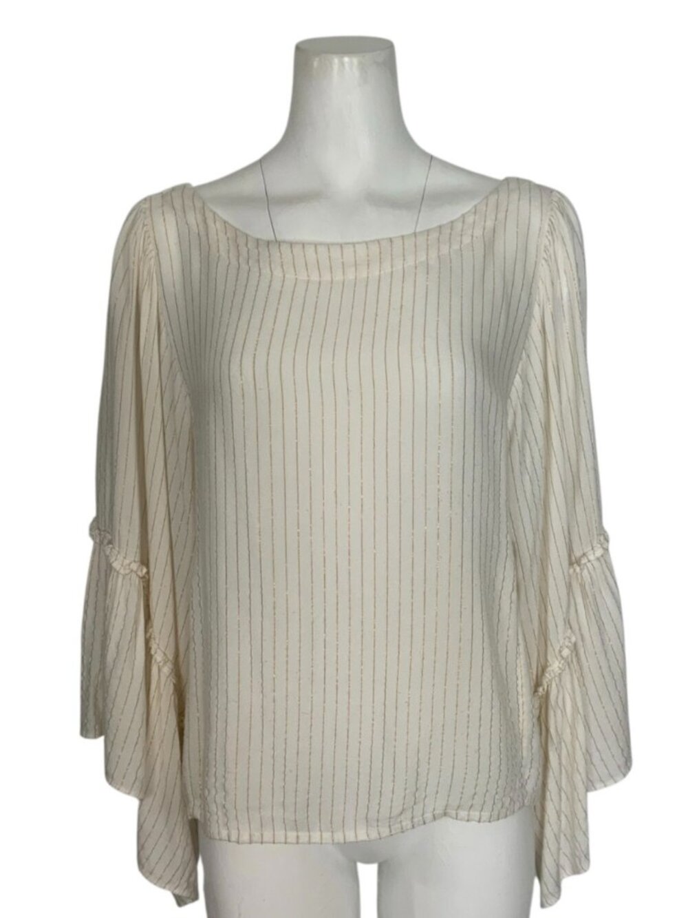 Anthropologie Ottilia Bell Sleeve Metallic Blouse L Stripe Button Back
